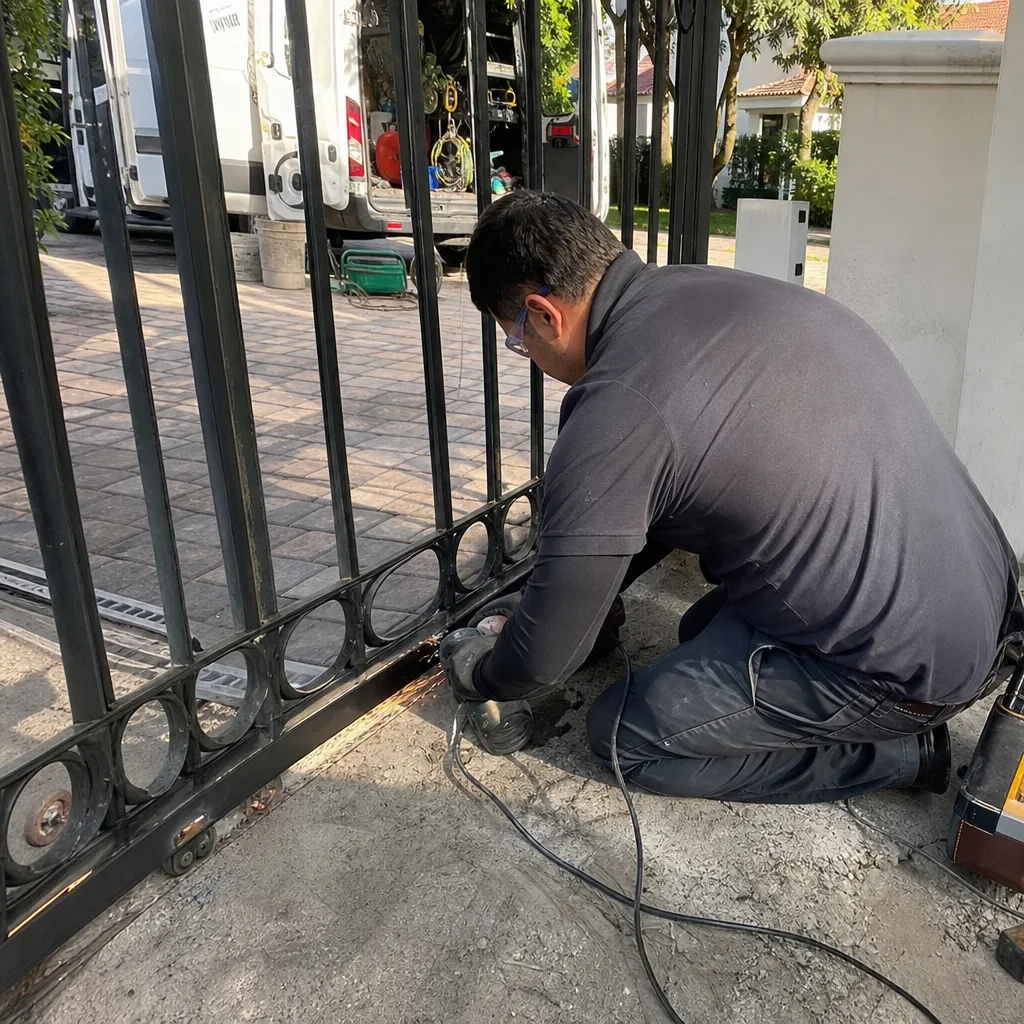 Technician using an angle grinder to perform professional gate repair services